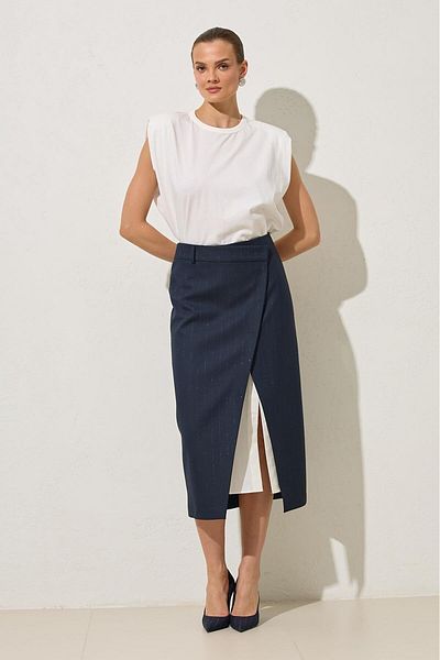 Setre Navy blue asymmetric closure striped full pattern skirt