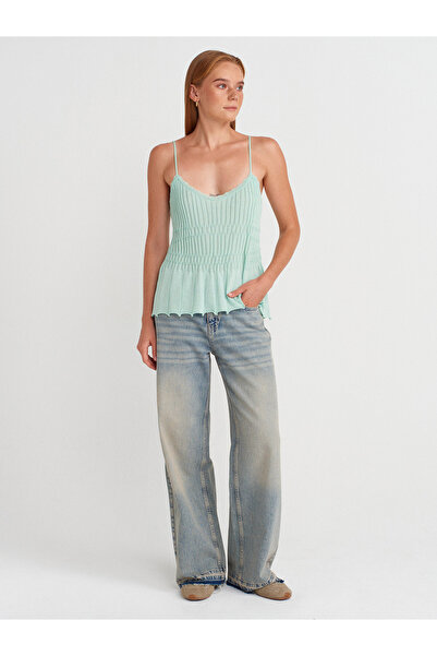 Dilvin 10792 Thin Textured Knitwear Blouse with Strap-Mint