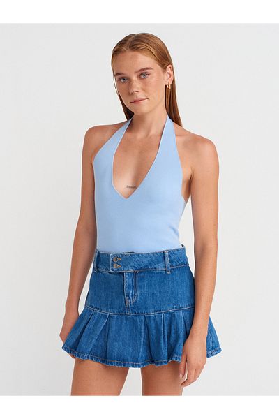 Dilvin 10794 Halter V-Neck Basic Blouse-Blue