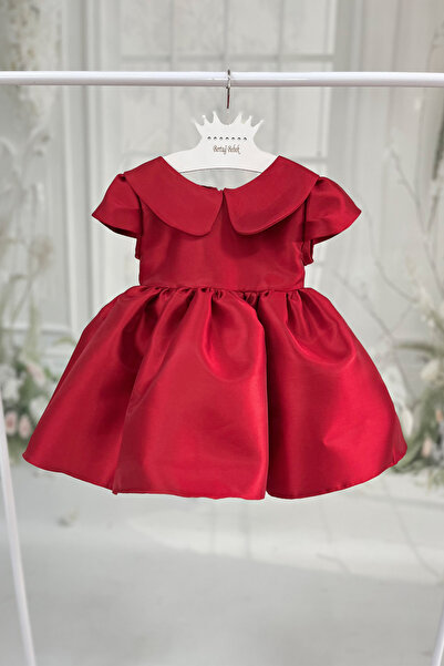 Bertuğ Bebek Red Baby Collar Bird Sleeve Cotton Lined Bow Evening Dress