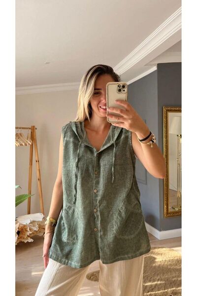 NUR TEKSTİL kadın haki %100 pamuk Kapüşonlu kolsuz gömlek