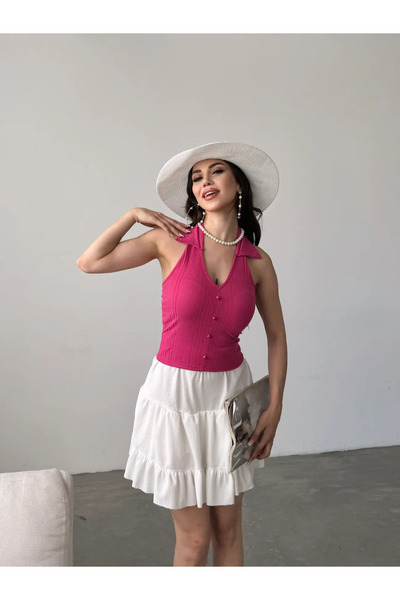 adelix Shirt Collar Front Button Detailed Blouse Fuchsia