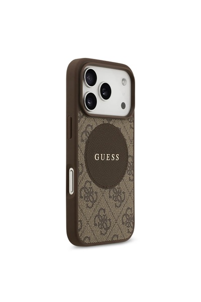 Guess MagSafe 4G PU Leather Case with Round Patch & Logo, Drop Protection for iPhone 17 Pro – Brown