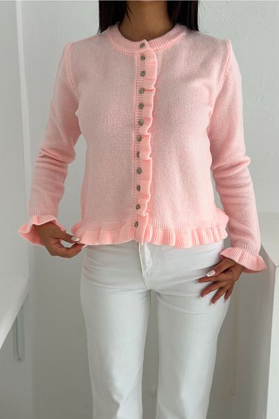 FEMELLE Pink Button Ruffle Detail Soft Textured Standard Size Knitwear Cardigan - Long Sleeve Knit Knitwear Cardigan