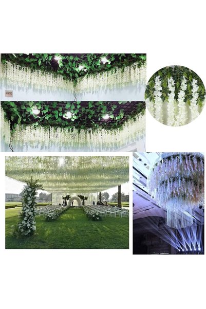 Artificiale Rolio Set 12 Bucati Planta Artificiala Curgatoare Glicina Wisteria Alba cu Frunze, Lungime 1.1 m