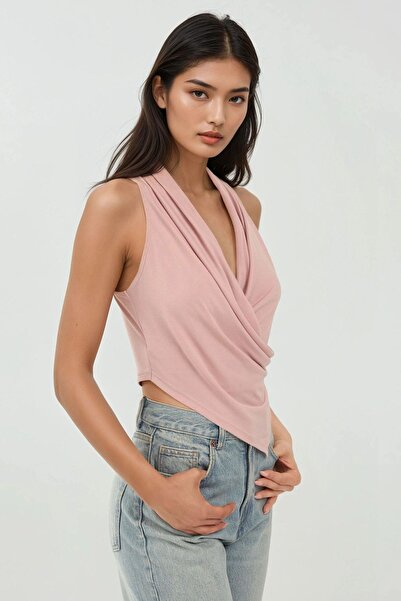 Hiccup Halter Yaka Kruvaze Esnek Sandy Örme Üst