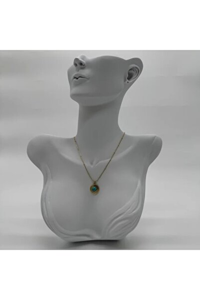 TAKIŞINA Steel Vintage Blue Stone Detail Round Gold Necklace - Gold