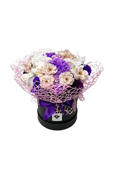 velve Aranjament floral Ametist cu flori de săpun în cutie rotundă neagră