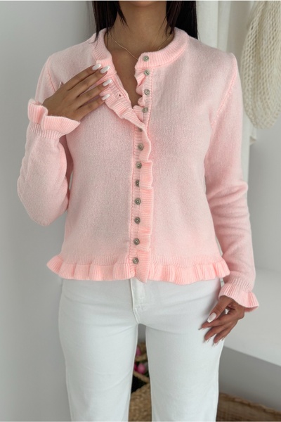 FEMELLE Pink Button Ruffle Detail Soft Textured Standard Size Knitwear Cardigan - Long Sleeve Knit Knitwear Cardigan