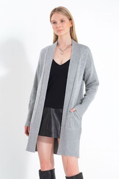 NATUFIAN STORE Women's Soft Ribbed Pocketed Long Basic Knitwear Cardigan