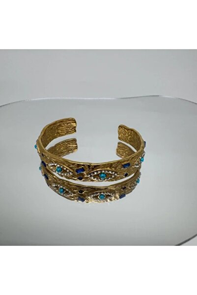 TAKIŞINA Özel Seri Çelik Mavi Göz Detay Vintage Kelepçe Bileklik - Gold