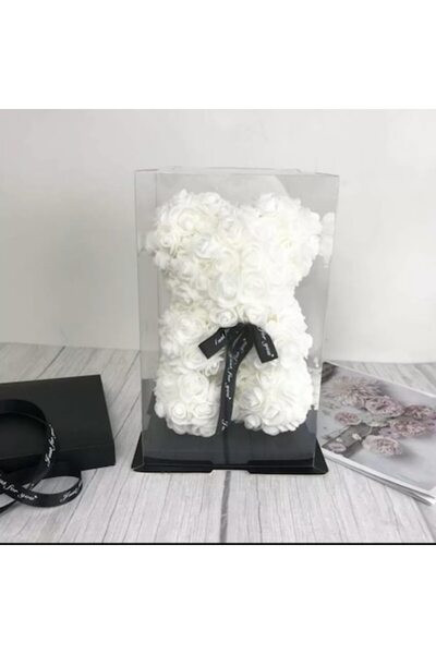 OEM Ursuleț de pluș din trandafiri din spumă, alb cu cristale, 25cm, lucrat manual, cutie transparentă