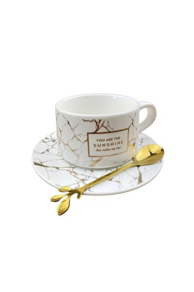 OEM Set Coffee Cup 220ml with Saucer and Spoon, Stone Design, White