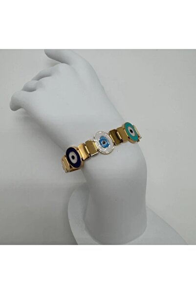 TAKIŞINA Özel Seri Çelik Büyük Nazar Boncuğu Detaylı Vintage Kelepçe - Gold