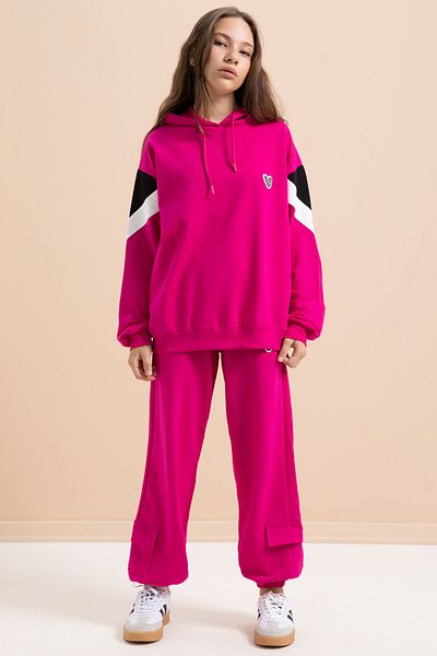 Cansın Mini Fuchsia Cargo Pocket Girl's Logo Double Suit 21299