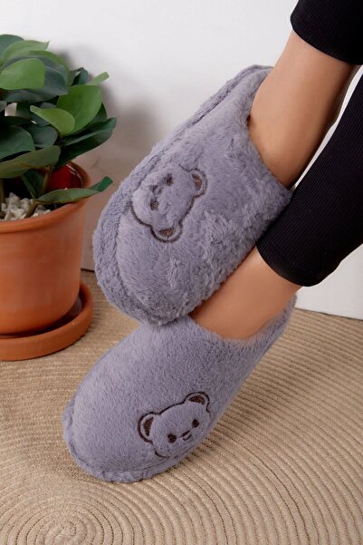 Gofeel Gri Tatlı Ayıcık Yumuşak Tüylü Peluş Panduf Terlik