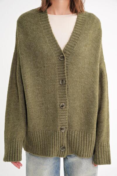 Mixray 6927 Kadın Yumuşak Dokulu Salaş Basic Triko Hırka Haki