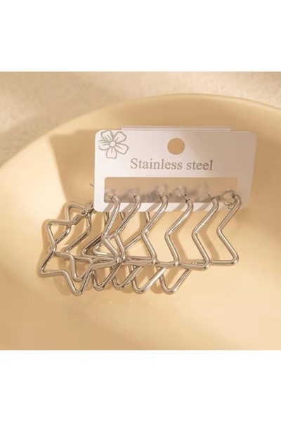 MutluBiDünya Üç Çift Farklı Boylarda Yıldız Çelik Halka Küpe