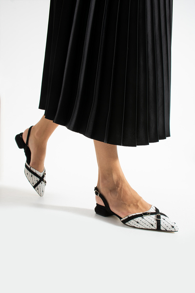 Güllü Shoes The Icon of Elegance Women's Black and White Patterned Pointed Toe Heeled Ballerina Shoes