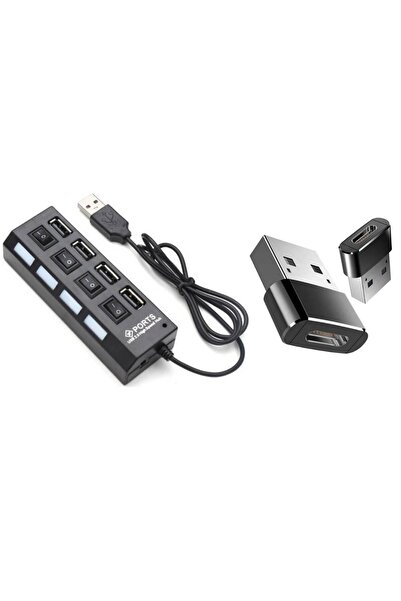 Forbin 4 Port USB Çoklayıcı Çoğaltıcı On Off Işıklı ve USB Typce Dönüştürücü