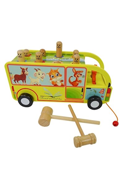Dalip Baby Autobuz de tractat din lemn cu ciocan și animale din pădure, DLP097