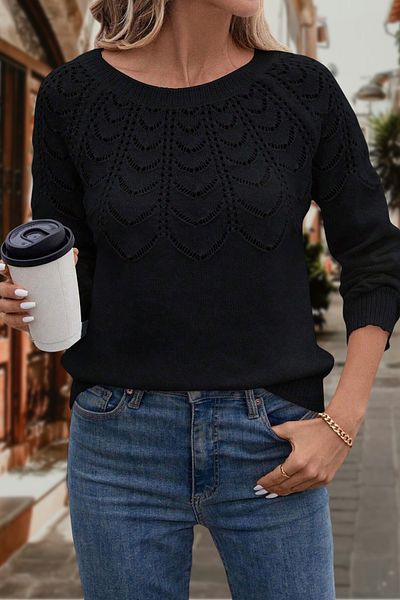 TRQOM Women's Openwork Patterned Crew Neck Casual Long Sleeve Knitwear Sweater Black