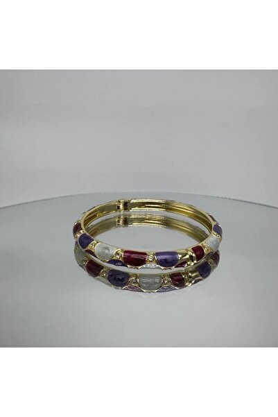 TAKIŞINA Özel Seri Bordo Lila Detay Vintage Kelepçe Bileklik - Gold