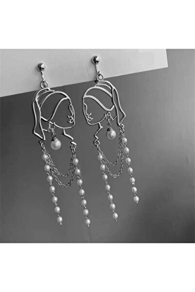 MutluBiDünya İnci Küpeli Kız Figürlü Çelik Sallantılı Küpe