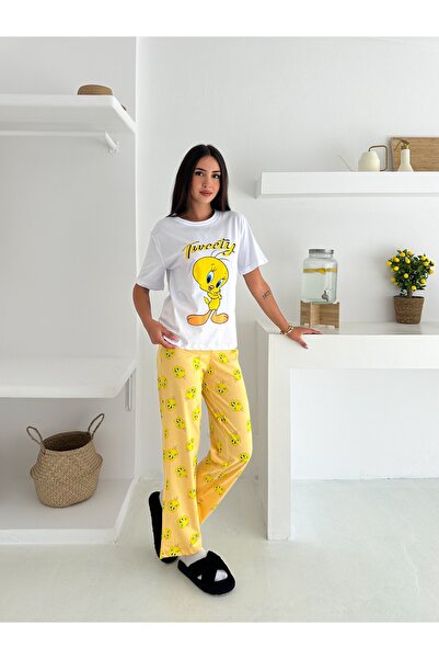 LETS BASIC Tweety Baskılı Sarı Kadın Pijama Takımı – Pamuklu Rahat Ev Giyim