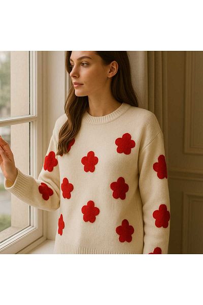 ASEZ BUTİK Oversize Comfortable Fit Floral Patterned Knitwear Sweater