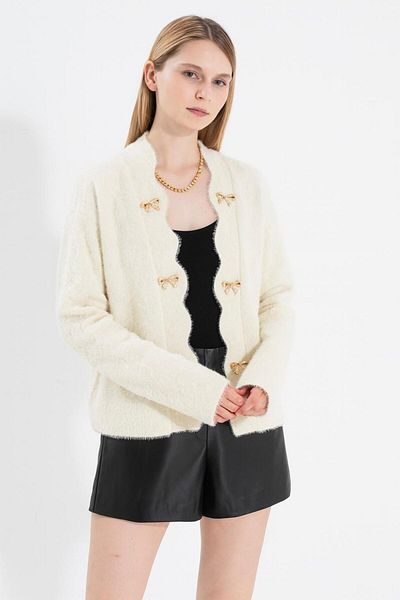 NATUFIAN STORE Women's Ecru Bow Accessory Bearded Basic Knitwear Cardigan
