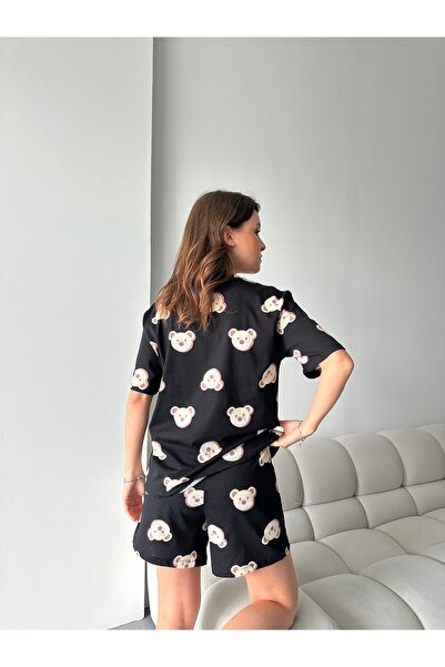 LETS BASIC Σετ πιτζάμες με μαύρο αρκουδάκι με σχέδιο για γυναίκες – Άνετα και χαριτωμένα ρούχα για το σπίτι