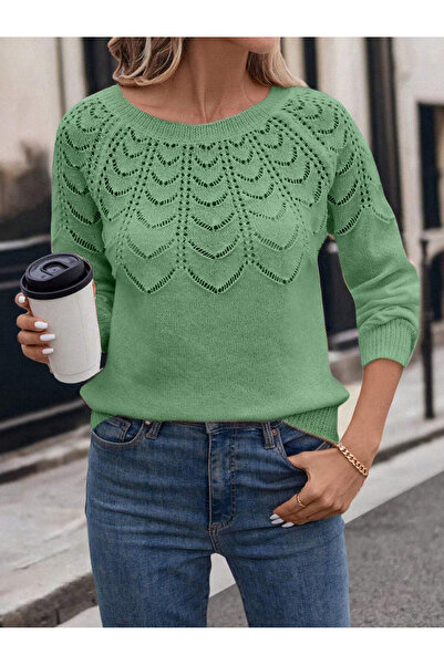 citystyle Dámský prolamovaný vzorovaný svetr s dlouhým rukávem a ležérním výstřihem Mint