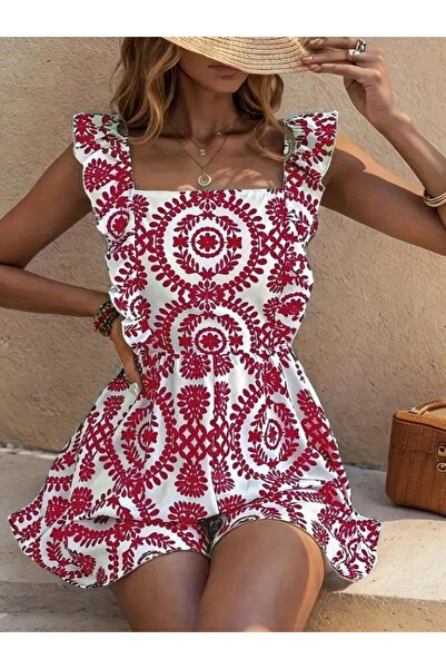 Lady Moss Women's suspender square neck lace up back patterned linen jumpsuit