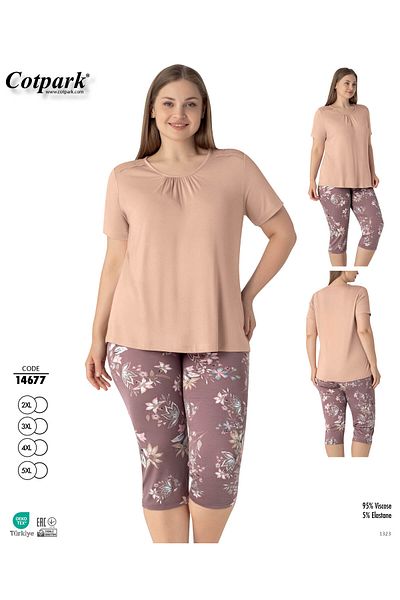 Cotpark Women's Plus Size Viscose Elastane Fabric Short Sleeve Capri Suit 14677