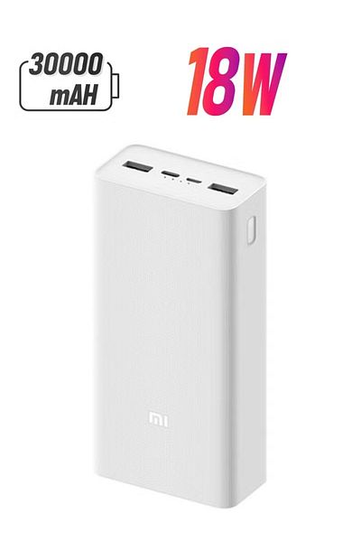 Xiaomi بنك الطاقة Mi 30000 مللي أمبير في الساعة شاحن محمول سريع الشحن باللون الأبيض (18 واط، منفذ USB-C ومنفذ USB-A مزدوج)