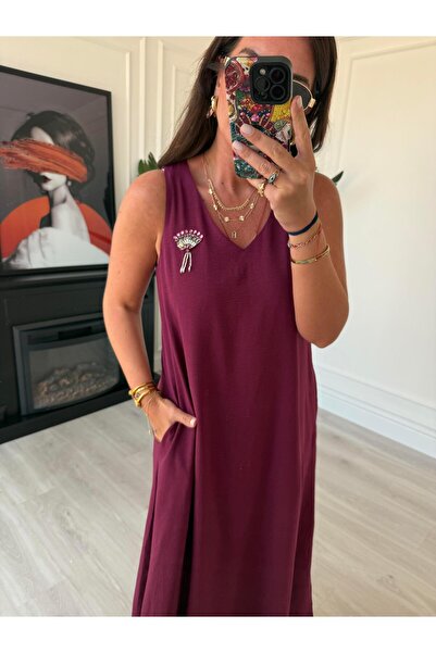 begum mayda Yakası Taş İşlemeli , V Yaka , Mürdüm Elbise