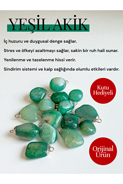 Vexa Aksesuar Doğal Yeşil Akik Taşı Kolye Ucu / Cep Taşı – Kutu Hediyeli – Or...