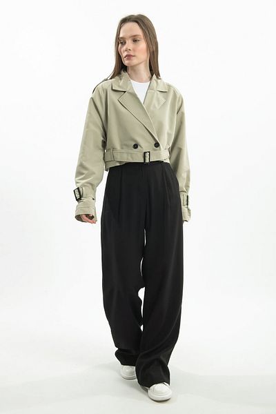 Hatun Atila Oversize Short Double Breasted Trench Coat with Belt - Fat Green