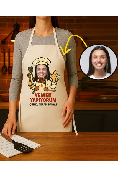 Hediye Molası Kişiye Özel Karikatür Fotoğraflı ve İsimli Mutfak Önlüğü Terapi Pahalı