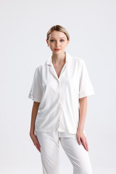 Espuar Classic Women's Shirt Collar Short Sleeve Buttoned Combed Cotton Pajama Set