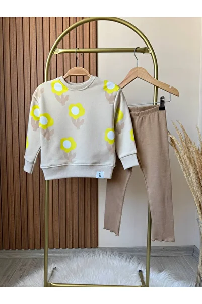 KidsSel New Season Girl's Floral Printed Ribbed Leggings Cotton Bottom Top Set
