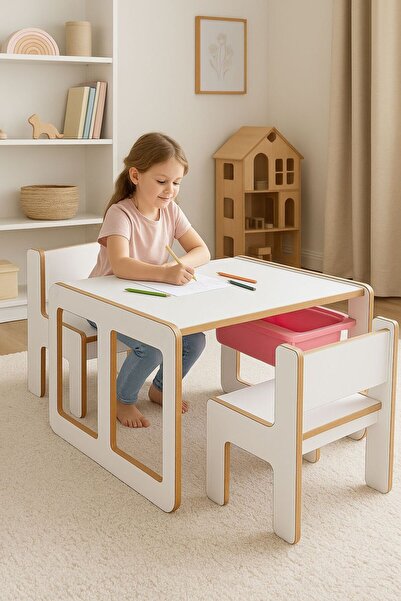 BEEVOLİ 2 Kişilik Çocuk Masası – Beyaz Mdf - Pembe Çekmeceli
