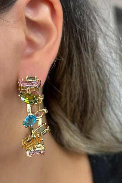 TAKIŞTIR حلق من الفولاذ بتفاصيل حجر ذهبي اللون (زوج)