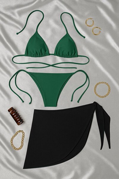Stail Moda Kadın yeşil 3LÜ Yandan ve Boyundan Bağlamalı Tangalı Üçgen Bikini ...