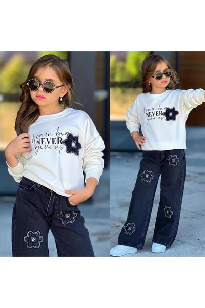 RAPAPA Girl's (Adjustable Waist) Sweat & Floral Embroidered Jeans Suit 2610E