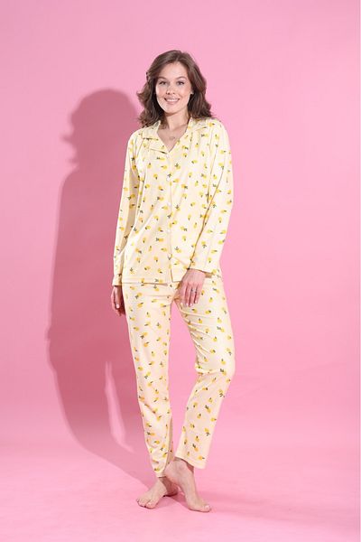 Elit Yellow Lemon Front Button Winter Suede Velvet Women's Pajama Set