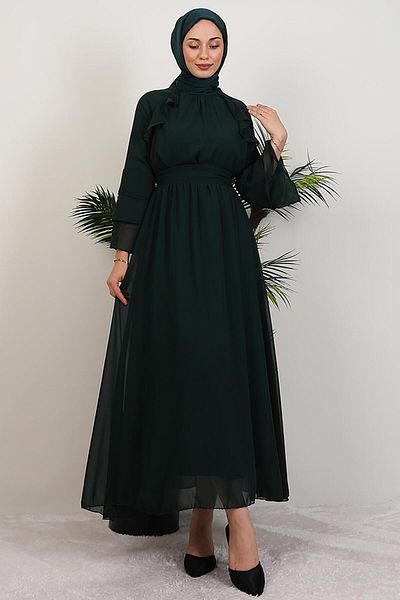 GİYZAMİLA Ruffle Chiffon Dress Emerald