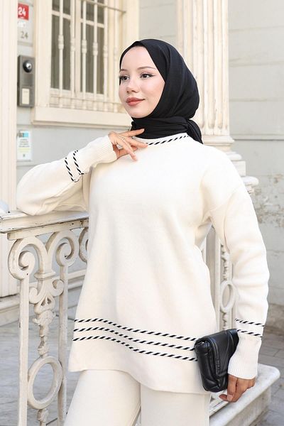 Modamihram Stripe Detailed Knitwear Set White 6151