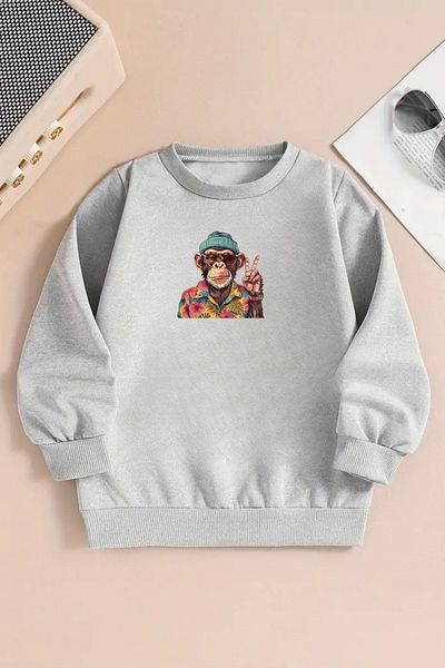 Sweetline Unisex Monkey Printed Gray Crew Neck Sweatshirt-Winter Embossed Fabric